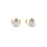 Front view of pear teardrop solitaire stud earrings highlighting a 3-prong collet basket setting. Features radiant 5x4mm stones mounted in lustrous 14k gold. Ideal engagement ring companion or bridal gift. Available in 10k/14k solid gold, 925 silver, platinum, from 1ct to 2ct in custom lab grown diamond or moissanite.