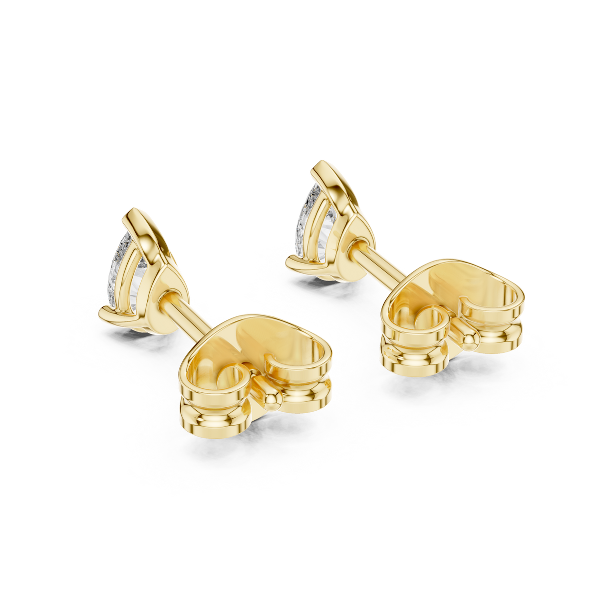 Angled studio shot exhibiting fire and D color VVS1 clarity in a 3-prong pear collet setting. Rendered in mirror-polished 925 sterling silver for high sparkle. A perfect anniversary gift piece. Offered in 925 silver, 10k/14k solid gold, and platinum from 1ct to 2ct sizes with custom moissanite or lab grown diamond gems.