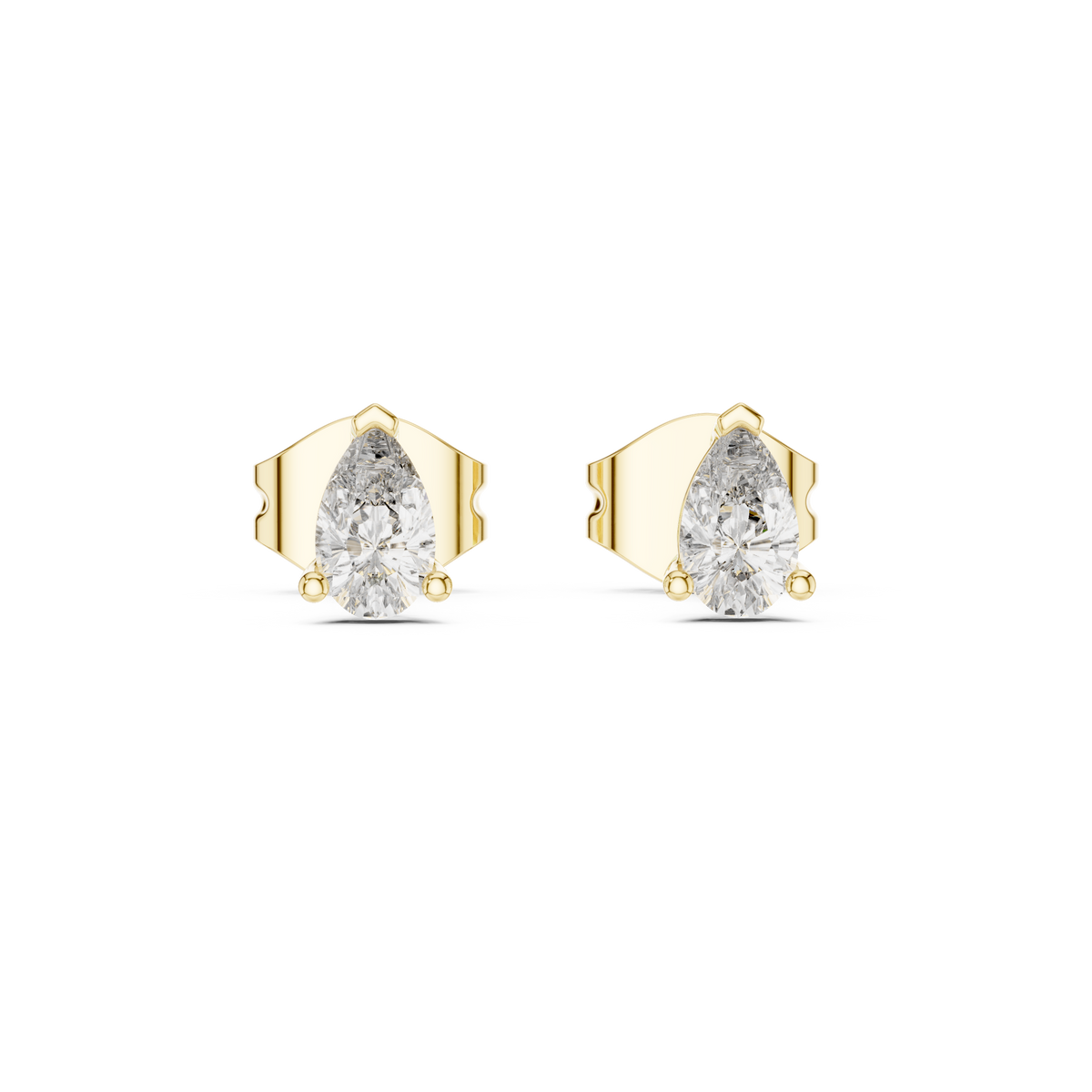 Front view of pear teardrop solitaire stud earrings highlighting a 3-prong collet basket setting. Features radiant 5x3mm stones mounted in lustrous 14k gold. Ideal engagement ring companion or bridal gift. Available in 10k/14k solid gold, 925 silver, platinum, from 1ct to 2ct in custom lab grown diamond or moissanite.