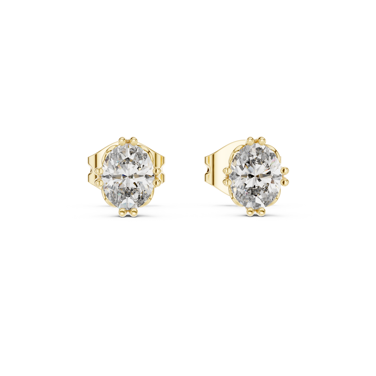Direct front view displaying two 5x4mm oval cut gems in secure collet settings. Ideal everyday studs or anniversary gifts in 14k gold, 10k gold, 925 silver, or platinum. Customizable with moissanite or lab grown diamond options.