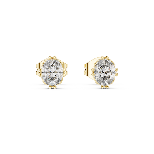Direct front view displaying two 5x4mm oval cut gems in secure collet settings. Ideal everyday studs or anniversary gifts in 14k gold, 10k gold, 925 silver, or platinum. Customizable with moissanite or lab grown diamond options.