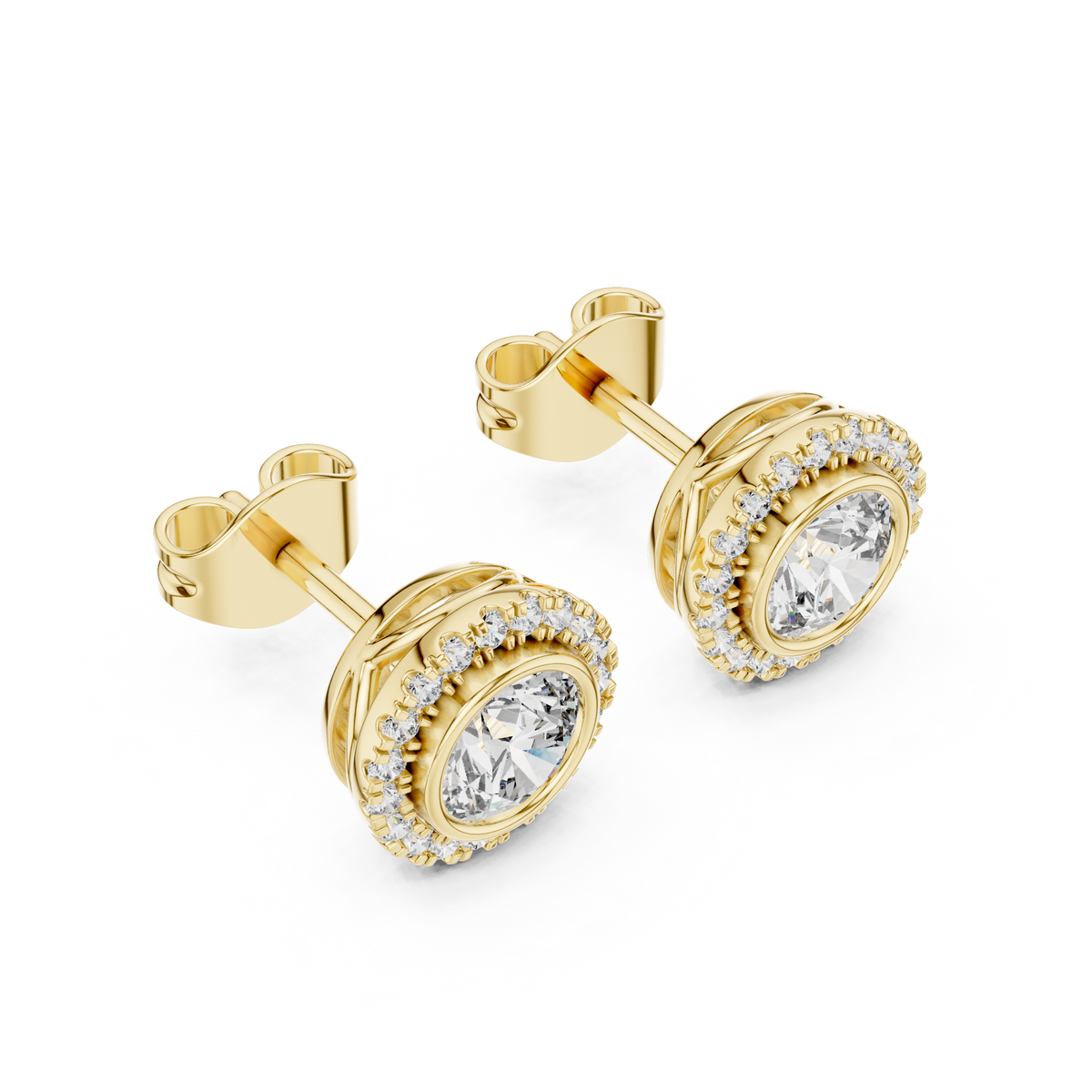 Side profile view displaying the 6.61mm architectural basket depth and 14.24mm post with friction back. Cast in durable 10k solid gold with a bezel halo mount. A classic wedding band companion. Customizable in 925 silver, 10k/14k gold, and platinum with 1.00ct to 2.00ct lab diamond or moissanite center stones.