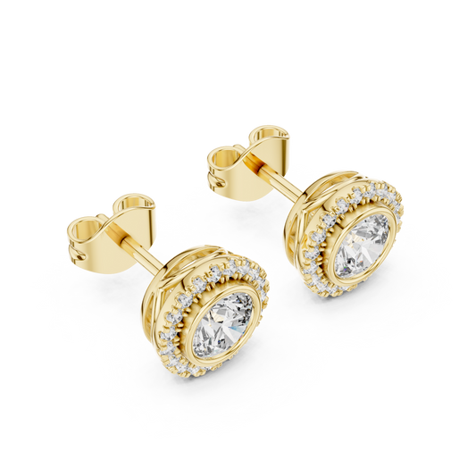 Side profile view displaying the 6.61mm architectural basket depth and 14.24mm post with friction back. Cast in durable 10k solid gold with a bezel halo mount. A classic wedding band companion. Customizable in 925 silver, 10k/14k gold, and platinum with 1.00ct to 2.00ct lab diamond or moissanite center stones.