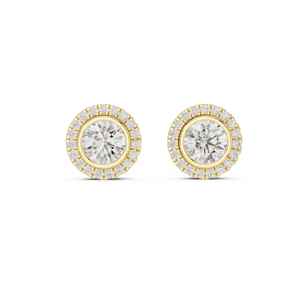 Front view of round halo stud earrings highlighting an inner bezel setting with a U-cut micropavé border. Features 5mm center stones mounted in lustrous 14k gold. Ideal engagement ring companion or bridal gift. Available in 10k/14k solid gold, 925 silver, platinum, from 1ct to 2ct in custom lab grown diamond or moissanite.