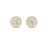 Front view of round halo stud earrings highlighting an inner bezel setting with a U-cut micropavé border. Features 5mm center stones mounted in lustrous 14k gold. Ideal engagement ring companion or bridal gift. Available in 10k/14k solid gold, 925 silver, platinum, from 1ct to 2ct in custom lab grown diamond or moissanite.