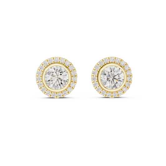 Front view of round halo stud earrings highlighting an inner bezel setting with a U-cut micropavé border. Features 5mm center stones mounted in lustrous 14k gold. Ideal engagement ring companion or bridal gift. Available in 10k/14k solid gold, 925 silver, platinum, from 1ct to 2ct in custom lab grown diamond or moissanite.