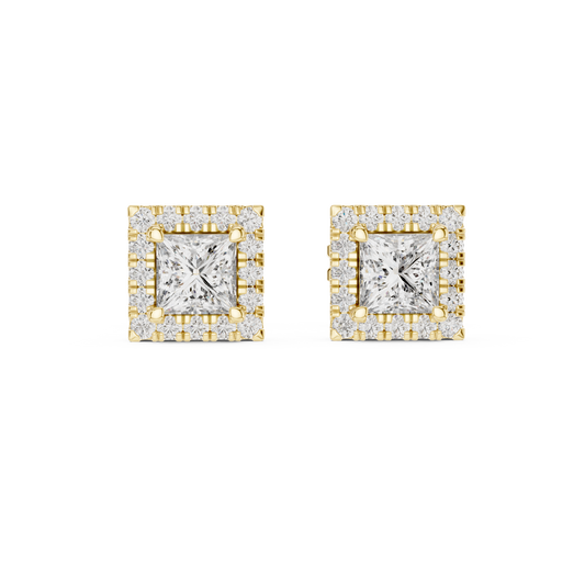 Front view of princess halo stud earrings highlighting 4-corner prongs with a square U-cut micropavé border. Features 4.3mm stones mounted in lustrous 14k gold. Ideal engagement ring companion or bridal gift. Available in 10k/14k solid gold, 925 silver, platinum, from 1ct to 2ct in custom lab grown diamond or moissanite.