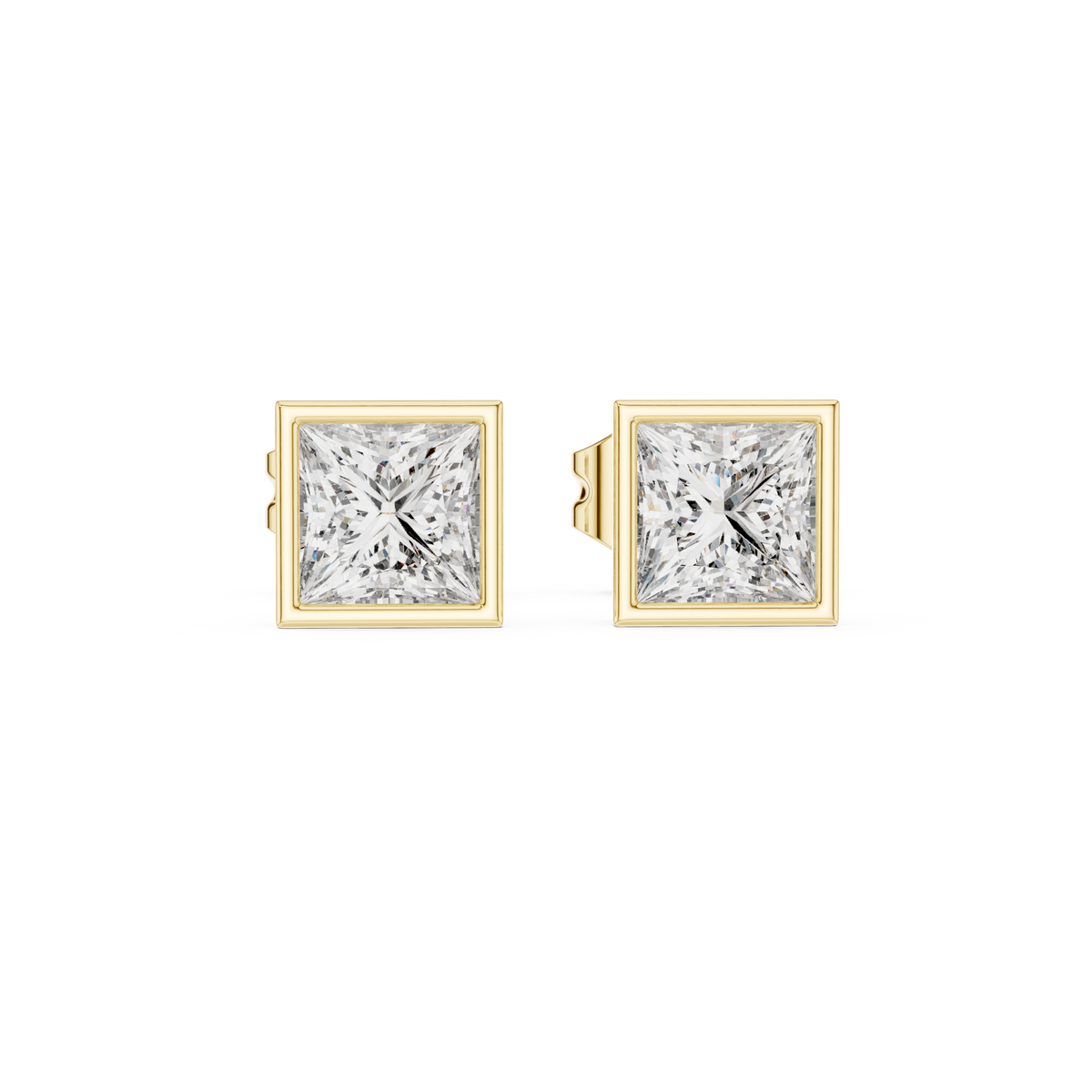 Front view of princess cut solitaire stud earrings showcasing a square full bezel cup setting. Features radiant 4.5mm stones mounted in lustrous 14k gold. Ideal engagement ring companion or bridal gift. Available in 10k/14k solid gold, 925 silver, platinum, from 1ct to 2ct in custom lab grown diamond or moissanite.