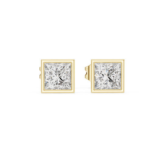 Front view of princess cut solitaire stud earrings showcasing a square full bezel cup setting. Features radiant 4.5mm stones mounted in lustrous 14k gold. Ideal engagement ring companion or bridal gift. Available in 10k/14k solid gold, 925 silver, platinum, from 1ct to 2ct in custom lab grown diamond or moissanite.