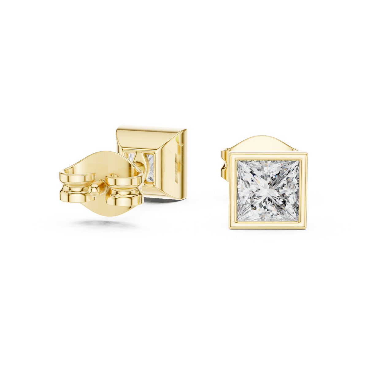 Side profile view displaying the 3.50mm low-profile cup depth and 8.70mm post with friction notches. Cast in durable 10k solid gold with a smooth square bezel mount. A classic wedding band companion. Customizable in 925 silver, 10k/14k gold, and platinum with 1.00ct to 2.00ct lab diamond or moissanite center stones.