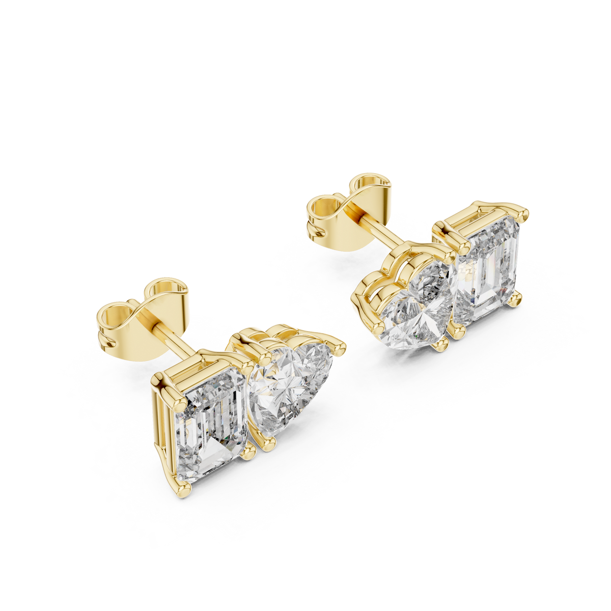 Side profile view displaying the 3.80mm low-profile basket depth and solid ear post with friction back. Cast in durable 10k solid gold with secure individual collet prong mounts. A classic wedding band companion. Customizable in 925 silver, 10k/14k gold, and platinum with 1.00ct to 2.00ct lab diamond or moissanite center stones.