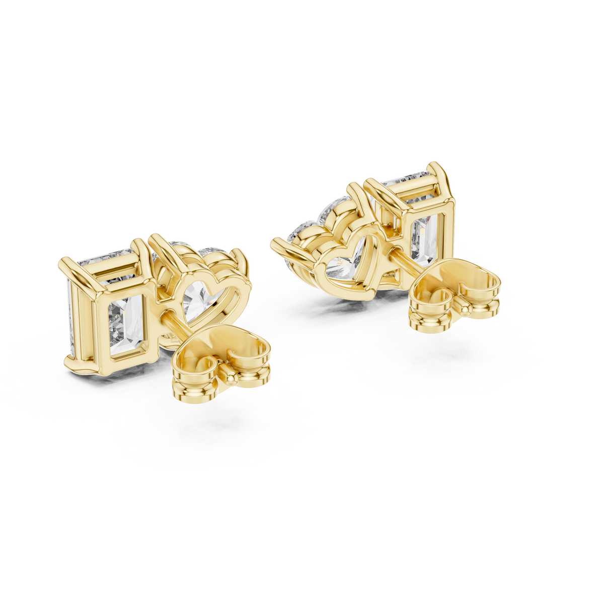 Angled studio shot exhibiting fire and D color VVS1 clarity in a dual heart and emerald collet setting. Rendered in mirror-polished 925 sterling silver for high sparkle. A perfect anniversary gift piece. Offered in 925 silver, 10k/14k solid gold, and platinum from 1ct to 2ct sizes with custom moissanite or lab grown diamond gems.