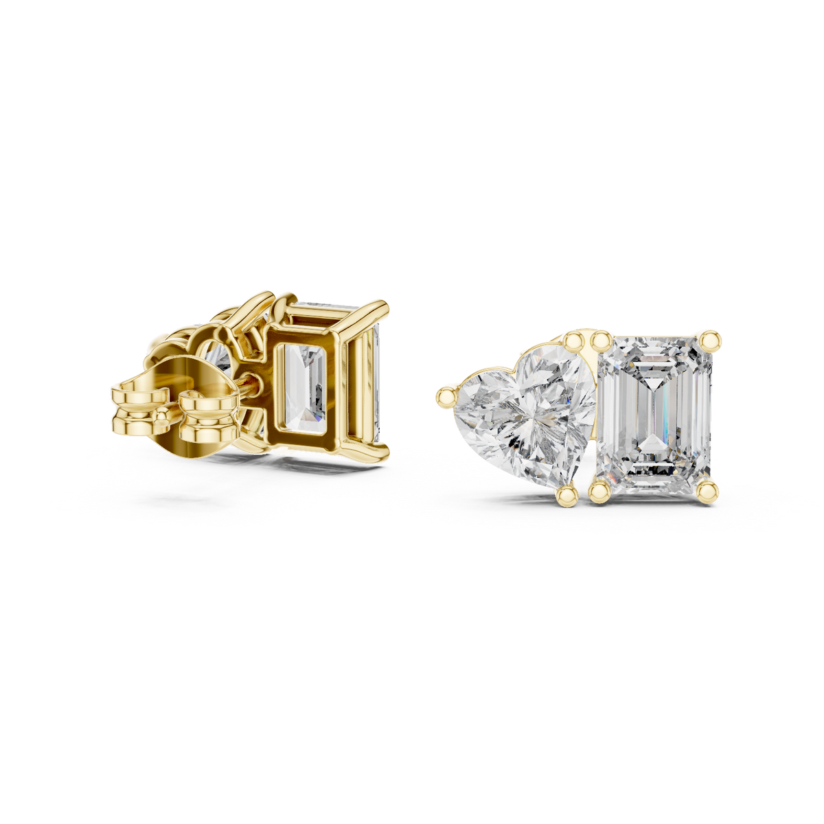 Front view of Toi et Moi stud earrings showcasing side-by-side heart and emerald stones in collet basket prong settings. Features radiant 4.00ctw gems mounted in lustrous 14k gold. Ideal engagement ring companion or bridal gift. Available in 10k/14k solid gold, 925 silver, platinum, from 1ct to 2ct in custom lab grown diamond or moissanite.