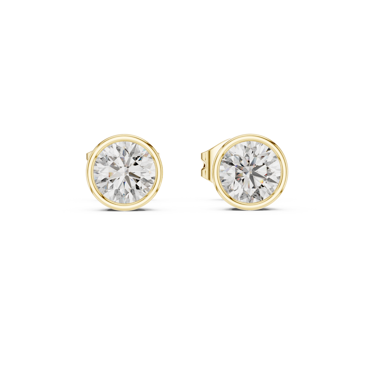 Front view of round solitaire stud earrings showcasing a sleek full bezel cup setting. Features radiant 5mm stones mounted in lustrous 14k gold. Ideal engagement ring companion or bridal gift. Available in 10k/14k solid gold, 925 silver, platinum, from 1ct to 2ct in custom lab grown diamond or moissanite