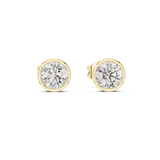 Front view of round solitaire stud earrings showcasing a sleek full bezel cup setting. Features radiant 5mm stones mounted in lustrous 14k gold. Ideal engagement ring companion or bridal gift. Available in 10k/14k solid gold, 925 silver, platinum, from 1ct to 2ct in custom lab grown diamond or moissanite
