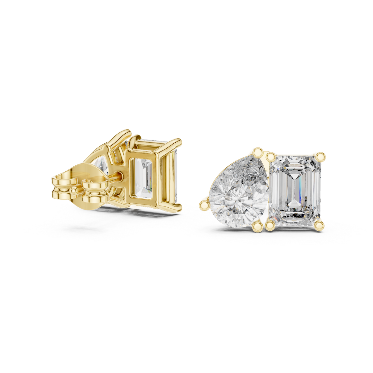 Front view of Toi et Moi stud earrings showcasing side-by-side emerald and pear stones in collet basket prong settings. Features radiant 4.00ctw gems mounted in lustrous 14k gold. Ideal engagement ring companion or bridal gift. Available in 10k/14k solid gold, 925 silver, platinum, from 1ct to 2ct in custom lab grown diamond or moissanite.