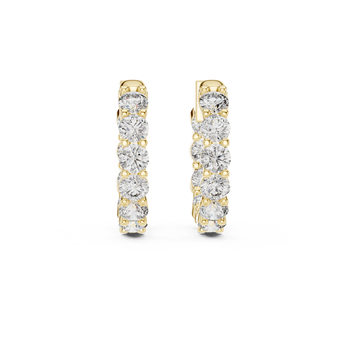 Front view of round eternity hoop earrings showcasing shared-prong collet basket settings. Features twenty brilliant 2.7mm stones mounted in lustrous 14k gold. Ideal engagement ring companion or bridal gift. Available in 10k/14k solid gold, 925 silver, platinum, from 1ct to 2ct in custom lab grown diamond or moissanite.