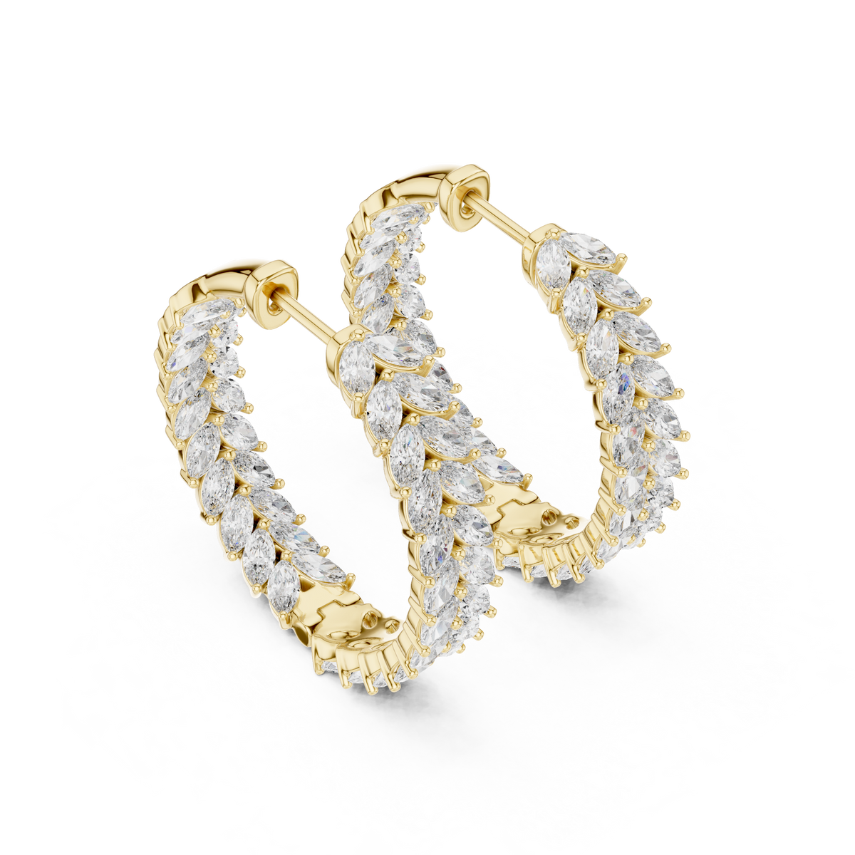 Side profile view displaying the 5.59mm band width, eternity hoop curve, and hinged clicker closure. Cast in durable 10k solid gold with double collet mounts. A classic wedding band companion. Customizable in 925 silver, 10k/14k gold, and platinum with 1.00ct to 2.00ct lab diamond or moissanite center stones.