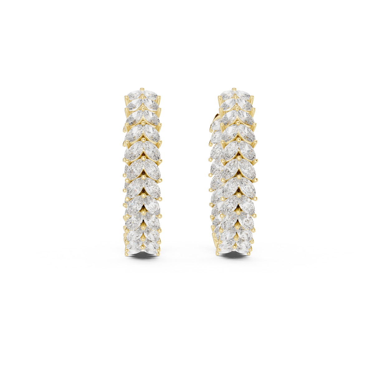 Front view of double-row marquise eternity hoop earrings showcasing chevron leaf collet settings. Features eighty-eight brilliant stones mounted across wide 14k gold bands. Ideal engagement ring companion or bridal gift. Available in 10k/14k solid gold, 925 silver, platinum, from 1ct to 2ct in custom lab grown diamond or moissanite.