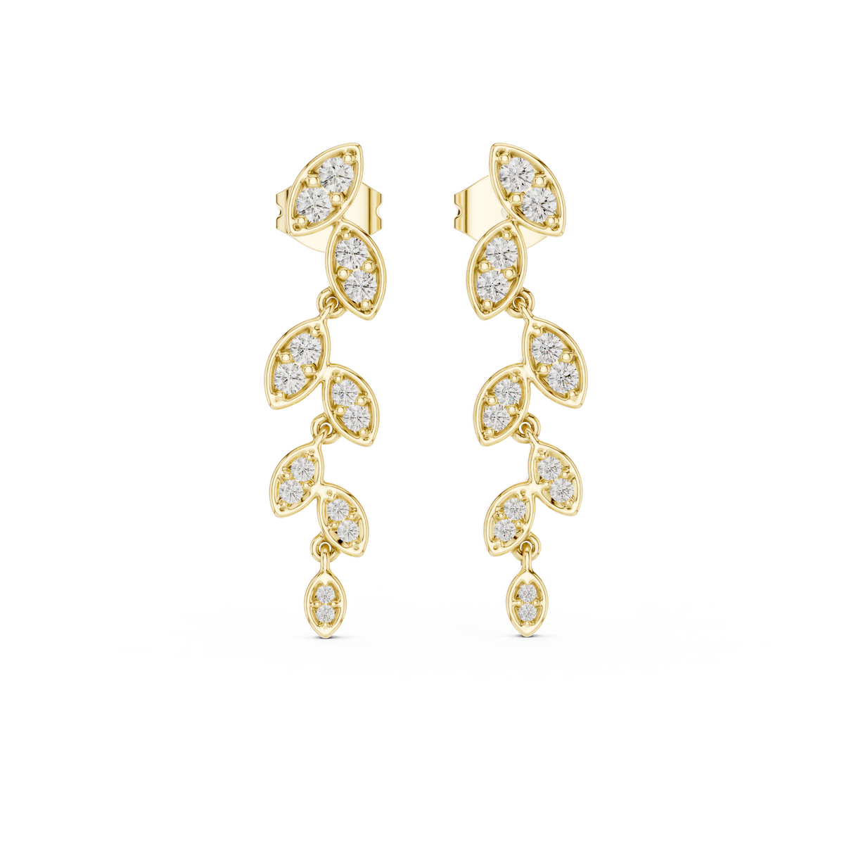 Front view of botanical leaf vine drop earrings showcasing graduated pavé-set stones in leaf pods. Features twenty-eight brilliant stones mounted in lustrous 14k gold. Ideal engagement ring companion or bridal gift. Available in 10k/14k solid gold, 925 silver, platinum, from 1ct to 2ct in custom lab grown diamond or moissanite.