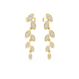 Front view of botanical leaf vine drop earrings showcasing graduated pavé-set stones in leaf pods. Features twenty-eight brilliant stones mounted in lustrous 14k gold. Ideal engagement ring companion or bridal gift. Available in 10k/14k solid gold, 925 silver, platinum, from 1ct to 2ct in custom lab grown diamond or moissanite.