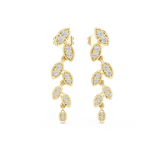 Front view of botanical leaf vine drop earrings showcasing graduated pavé-set stones in leaf pods. Features twenty-eight brilliant stones mounted in lustrous 14k gold. Ideal engagement ring companion or bridal gift. Available in 10k/14k solid gold, 925 silver, platinum, from 1ct to 2ct in custom lab grown diamond or moissanite.