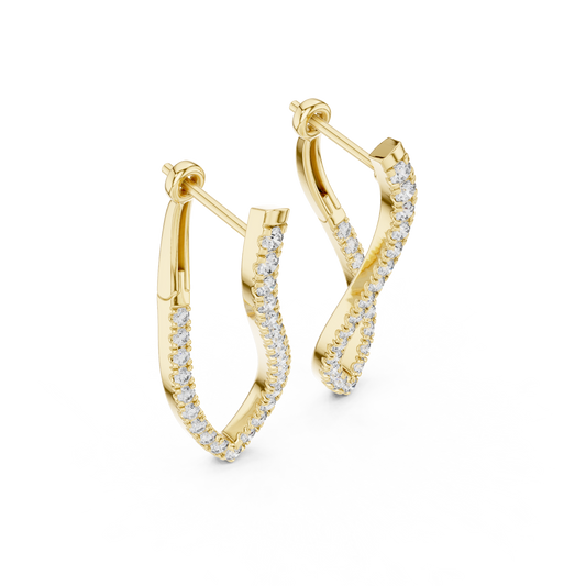 Side profile view highlighting the 28.95mm undulating ribbon curve, 7.50mm post span, and hinged clicker. Cast in durable 10k solid gold with secure U-cut mounts. A classic wedding band companion. Customizable in 925 silver, 10k/14k gold, and platinum with 1.00ct to 2.00ct lab diamond or moissanite center stones.