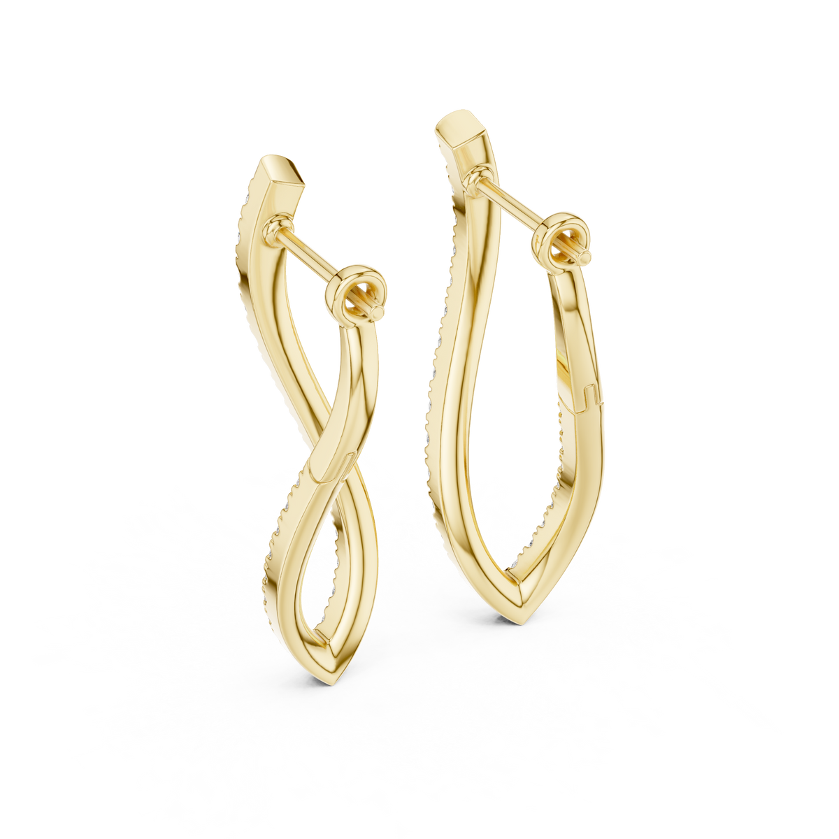 Angled studio shot exhibiting fire and D color VVS1 clarity in a sculptural twisted wave hoop setting. Rendered in mirror-polished 925 sterling silver for high sparkle. A perfect anniversary gift piece. Offered in 925 silver, 10k/14k solid gold, and platinum from 1ct to 2ct sizes with custom moissanite or lab grown diamond gems.