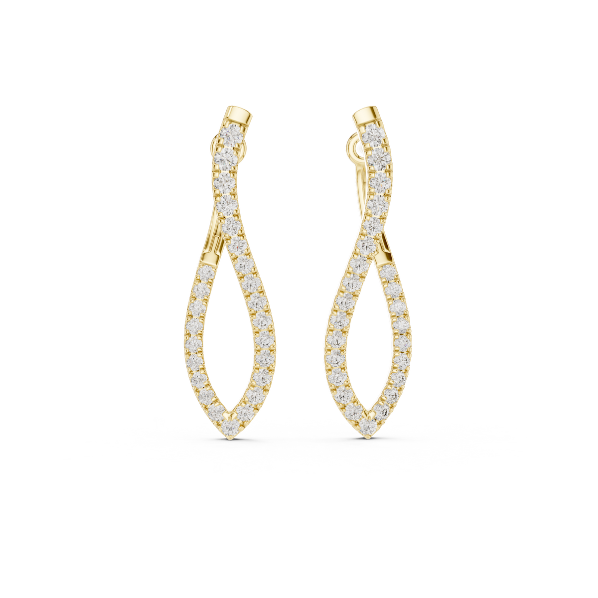 Front view of twisted infinity hoop earrings showcasing continuous graduated U-cut micropavé stones. Features fifty brilliant stones mounted in lustrous 14k gold. Ideal engagement ring companion or bridal gift. Available in 10k/14k solid gold, 925 silver, platinum, from 1ct to 2ct in custom lab grown diamond or moissanite.