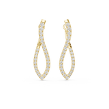 Front view of twisted infinity hoop earrings showcasing continuous graduated U-cut micropavé stones. Features fifty brilliant stones mounted in lustrous 14k gold. Ideal engagement ring companion or bridal gift. Available in 10k/14k solid gold, 925 silver, platinum, from 1ct to 2ct in custom lab grown diamond or moissanite.