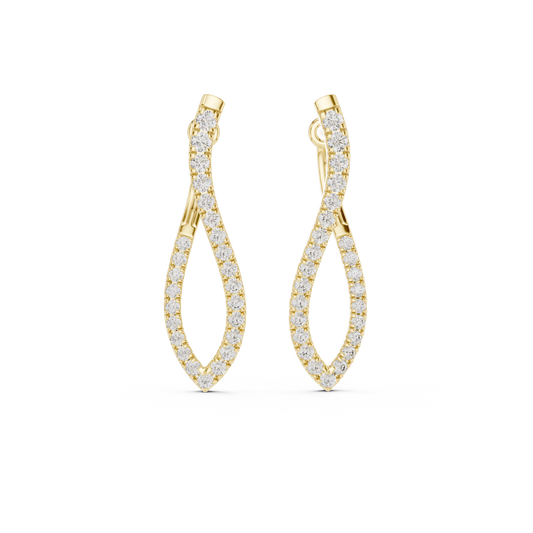 Front view of twisted infinity hoop earrings showcasing continuous graduated U-cut micropavé stones. Features fifty brilliant stones mounted in lustrous 14k gold. Ideal engagement ring companion or bridal gift. Available in 10k/14k solid gold, 925 silver, platinum, from 1ct to 2ct in custom lab grown diamond or moissanite.