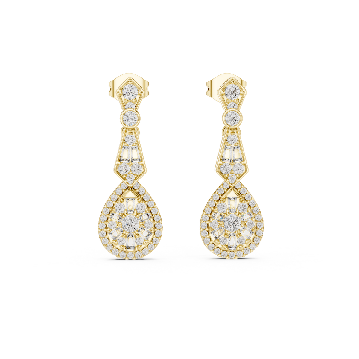 Front view of Art Deco chandelier drop earrings showcasing custom baguette links and teardrop cluster halo. Features ninety-eight brilliant stones mounted in lustrous 14k gold. Ideal engagement ring companion or bridal gift. Available in 10k/14k solid gold, 925 silver, platinum, from 1ct to 2ct in custom lab grown diamond or moissanite.