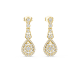 Front view of Art Deco chandelier drop earrings showcasing custom baguette links and teardrop cluster halo. Features ninety-eight brilliant stones mounted in lustrous 14k gold. Ideal engagement ring companion or bridal gift. Available in 10k/14k solid gold, 925 silver, platinum, from 1ct to 2ct in custom lab grown diamond or moissanite.