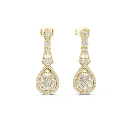 Front view of Art Deco chandelier drop earrings showcasing custom baguette links and teardrop cluster halo. Features ninety-eight brilliant stones mounted in lustrous 14k gold. Ideal engagement ring companion or bridal gift. Available in 10k/14k solid gold, 925 silver, platinum, from 1ct to 2ct in custom lab grown diamond or moissanite.
