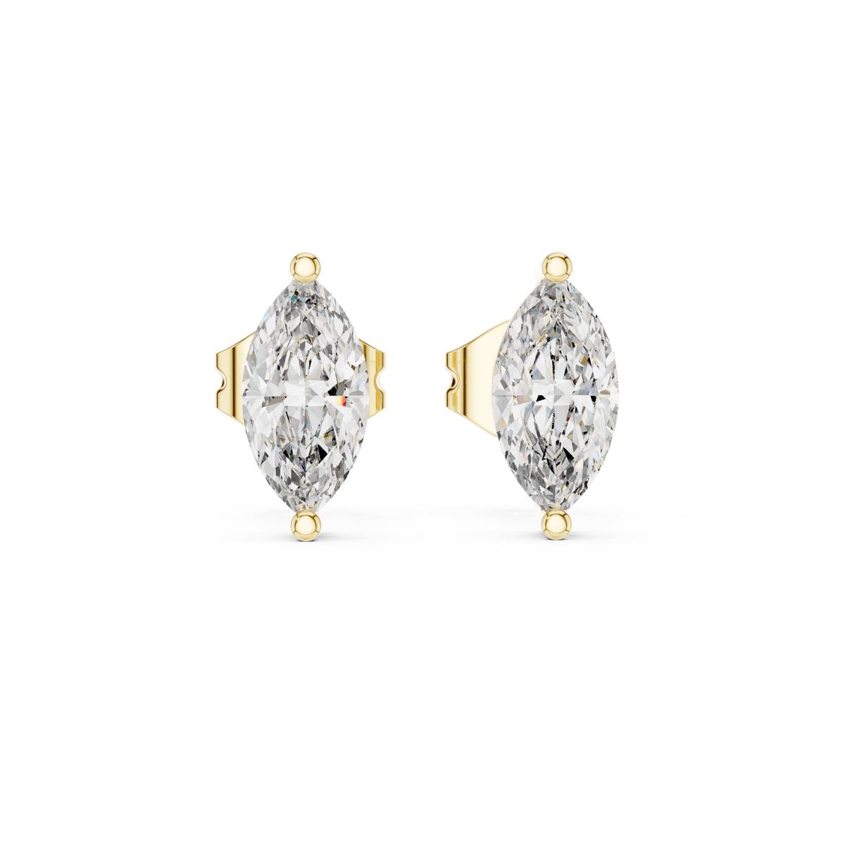 Front view of marquise solitaire stud earrings highlighting a two-tier collet basket setting with V-prongs. Features sharp 7.5x3.75mm stones mounted in lustrous 14k gold. Ideal engagement ring companion or bridal gift. Available in 10k/14k solid gold, 925 silver, platinum, from 1ct to 2ct in custom lab grown diamond or moissanite.   