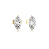 Front view of marquise solitaire stud earrings highlighting a two-tier collet basket setting with V-prongs. Features sharp 7.5x3.75mm stones mounted in lustrous 14k gold. Ideal engagement ring companion or bridal gift. Available in 10k/14k solid gold, 925 silver, platinum, from 1ct to 2ct in custom lab grown diamond or moissanite.   
