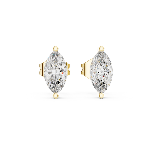 Front view of marquise solitaire stud earrings highlighting a two-tier collet basket setting with V-prongs. Features sharp 7.5x3.75mm stones mounted in lustrous 14k gold. Ideal engagement ring companion or bridal gift. Available in 10k/14k solid gold, 925 silver, platinum, from 1ct to 2ct in custom lab grown diamond or moissanite.   