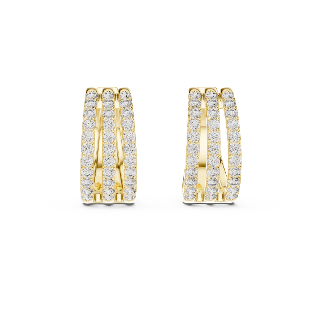 Front view of 3-row eternity hoop earrings showcasing triple rows of U-cut pavé stones. Features sixty-six brilliant stones mounted across wide 14k gold bands. Ideal engagement ring companion or bridal gift. Available in 10k/14k solid gold, 925 silver, platinum, from 1ct to 2ct in custom lab grown diamond or moissanite.