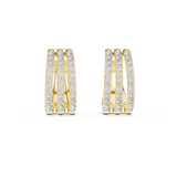 Front view of 3-row eternity hoop earrings showcasing triple rows of U-cut pavé stones. Features sixty-six brilliant stones mounted across wide 14k gold bands. Ideal engagement ring companion or bridal gift. Available in 10k/14k solid gold, 925 silver, platinum, from 1ct to 2ct in custom lab grown diamond or moissanite.