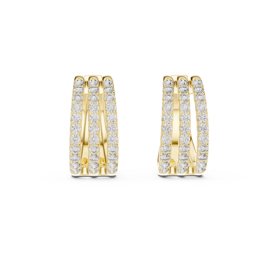 Front view of 3-row eternity hoop earrings showcasing triple rows of U-cut pavé stones. Features sixty-six brilliant stones mounted across wide 14k gold bands. Ideal engagement ring companion or bridal gift. Available in 10k/14k solid gold, 925 silver, platinum, from 1ct to 2ct in custom lab grown diamond or moissanite.