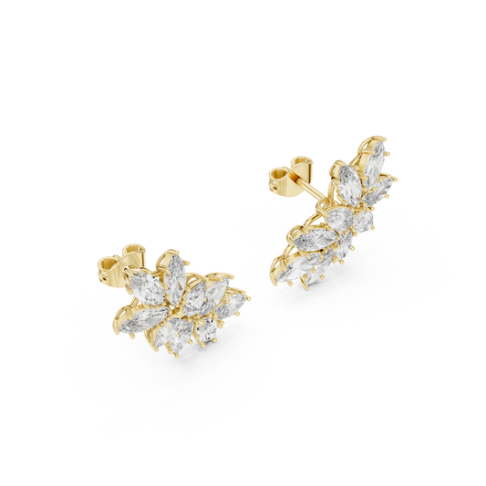 Side profile view highlighting the secure collet setting and low profile height of the marquise cluster earrings crafted in 10k solid gold, featuring brilliant sparkle, custom personalized choices, fine craftsmanship, and diverse metal variations including platinum and silver.