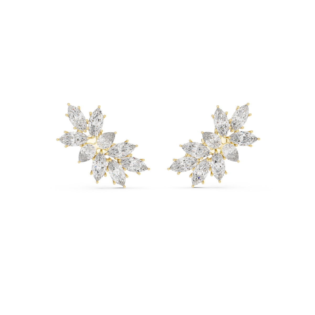 Front view of a magnificent marquise and pear cluster earring showcasing precision cut lab-grown diamonds in 14k solid gold, offering a modern luxury aesthetic, bespoke styling, fine jewelry craftsmanship, and customizable metal options like 925 silver or platinum for unforgettable elegance.