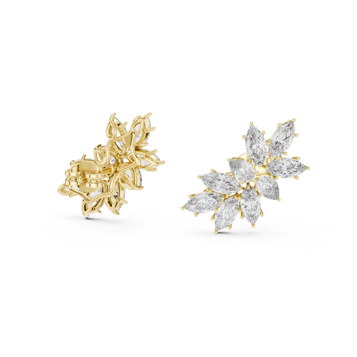 Top close-up macro view emphasizing precision facet symmetry and alignment of marquise and pear stones set in platinum, delivering an upscale luxury look, artisan craftsmanship, personalized fine jewelry, and versatile 10k/14k gold options.