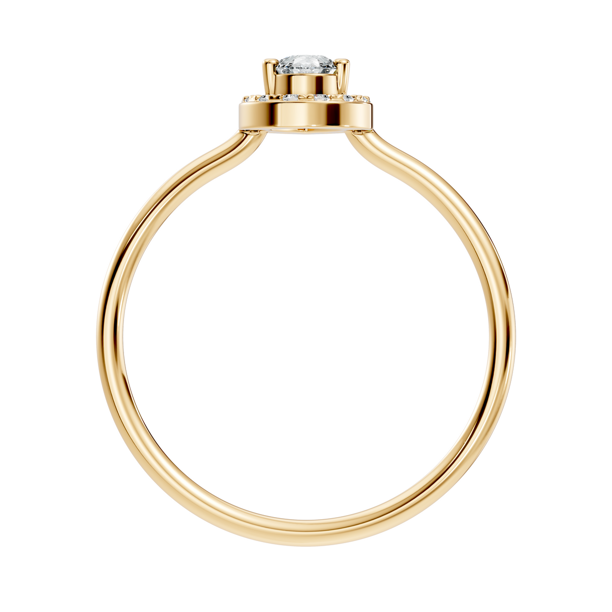 Side elevation shows 1.10mm band width, 1.10mm thickness, and low 3.26mm setting height with open gallery arches in 10k solid yellow gold. Perfect custom bridal band and promise ring. Available in 10k/14k gold, silver, and platinum with 1ct to 2ct teardrop pear moissanite or lab grown diamond options.