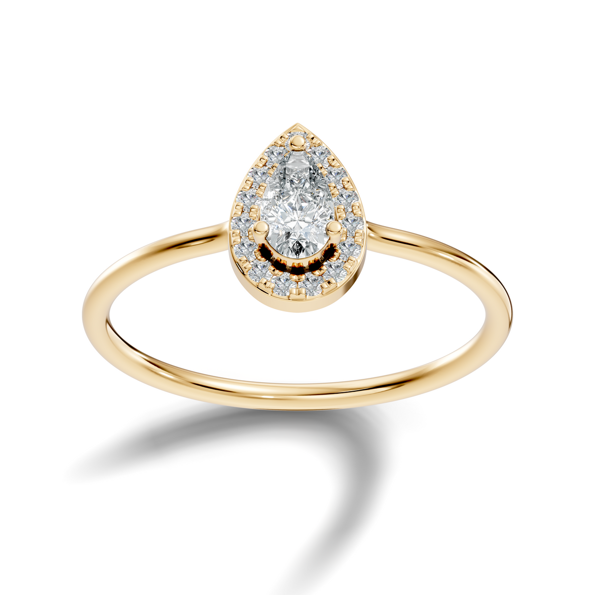 Perspective three-quarter view showing D color VVS1 clarity pear moissanite with micro halo delivering brilliant fire in 925 sterling silver. Timeless skinny engagement band and statement jewelry. Offered in 1.0ct-2.0ct moissanite or lab diamond settings across solid 10k/14k gold and platinum.