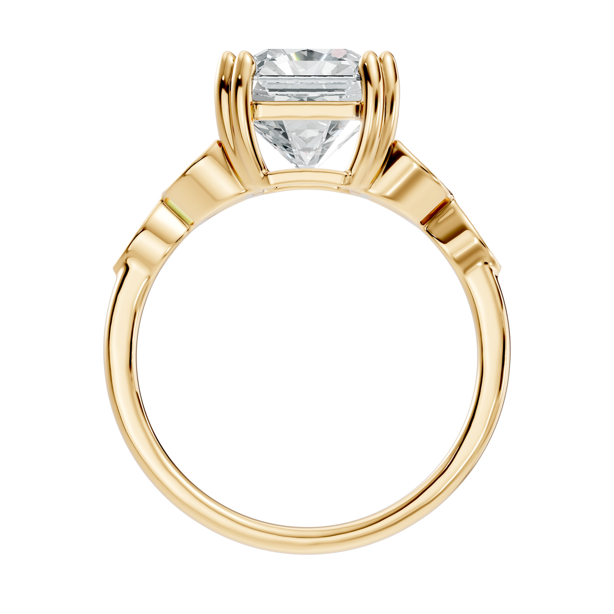 Three-quarter angled view emphasizing D color, VVS1 clarity sparkle from a radiant moissanite on a 925 silver band with leaf clusters. An ideal anniversary gift crafted in 10k/14k gold, 925 silver, platinum, with 1ct to 2ct lab grown diamond or moissanite.