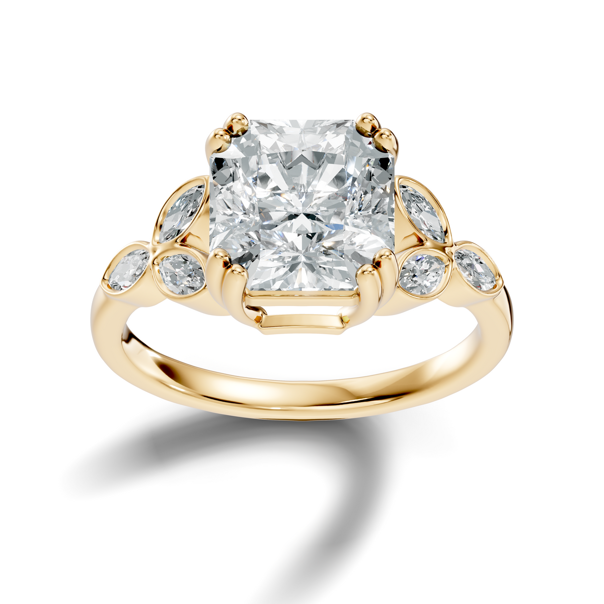 Front view highlighting a radiant cut moissanite center stone secured with double claw prongs and accented by botanical marquise leaf side clusters in 14k gold. A personalized engagement ring available in 10k/14k gold, 925 silver, or platinum with 1ct to 2ct moissanite or lab grown diamond.
