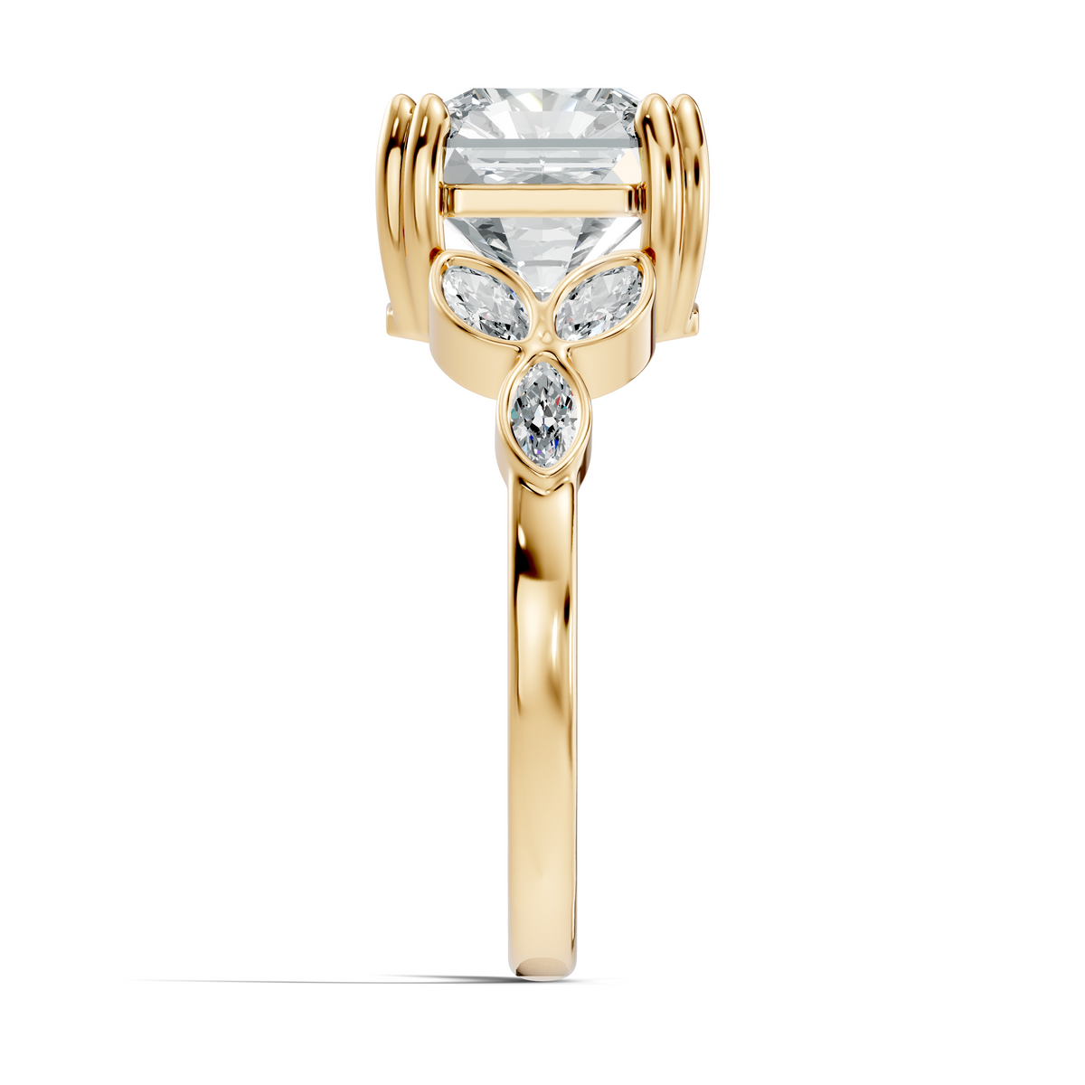 Close-up top perspective displaying exceptional symmetry, radiant facets, D color, and VVS1 clarity in platinum tone. A luxury engagement ring personalized in 10k/14k gold, 925 silver, platinum, with 1ct to 2ct moissanite or lab grown diamond.
