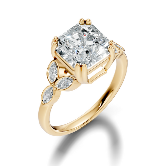 Side profile showcasing a 1.8mm thin band, elevated cathedral bridge, and double claw prongs in 10k solid gold. Perfect custom wedding band companion, available in 10k/14k gold, 925 silver, platinum, 1ct to 2ct moissanite or lab grown diamond choices.