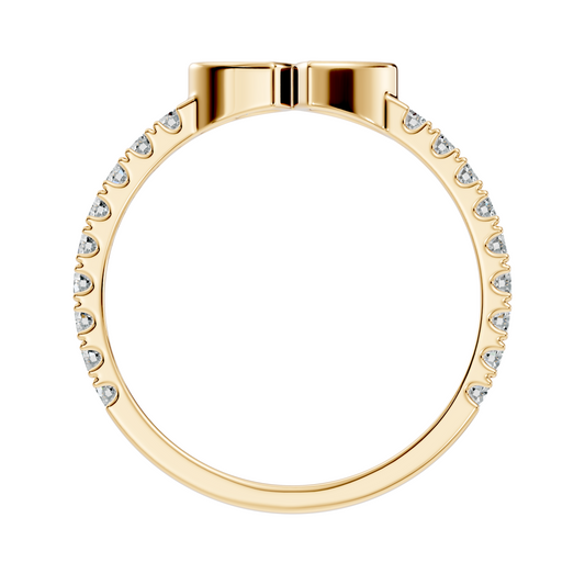 Side profile view highlighting the low-profile bezel setting and sleek 1.8mm band width in 10k solid gold. Comfortable two stone promise ring for everyday wear. Available in 10k or 14k gold, 925 sterling silver, and platinum with moissanite or lab grown diamond centers from 1ct to 2ct.